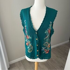 Vtg Pheasant Koret Cotton Blend Grandma Hand Embroidered Cardigan Vest Green